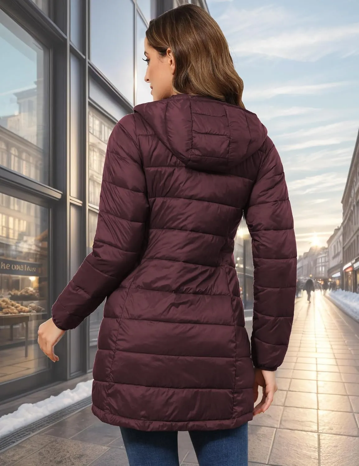 ROYAL MATRIX Women's Packable Puffer Jacket with Hood, Lightweight Long Quilted Puffer Coat with Pockets