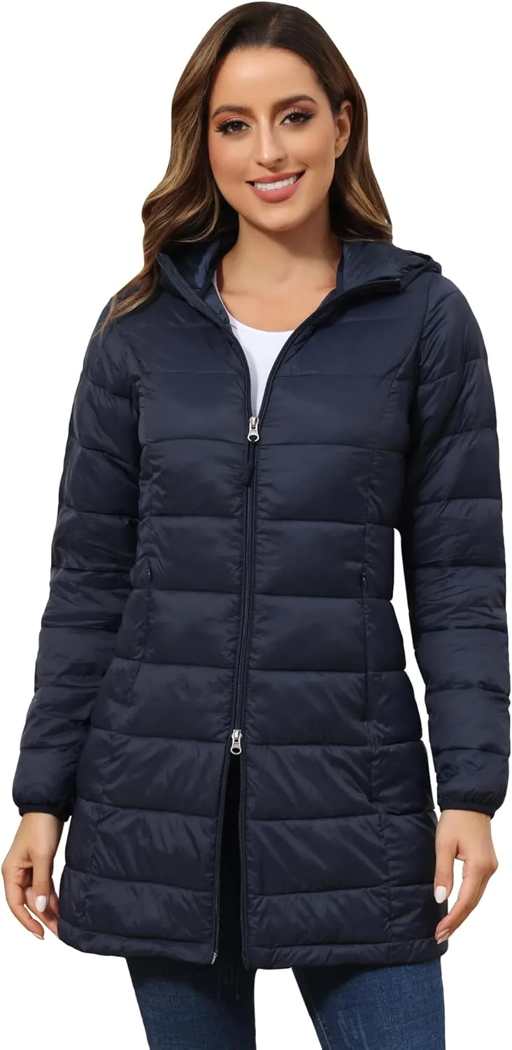 ROYAL MATRIX Women's Packable Puffer Jacket with Hood, Lightweight Long Quilted Puffer Coat with Pockets