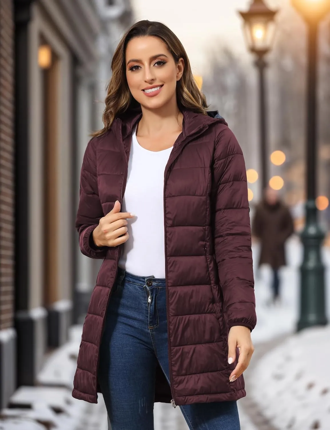 ROYAL MATRIX Women's Packable Puffer Jacket with Hood, Lightweight Long Quilted Puffer Coat with Pockets
