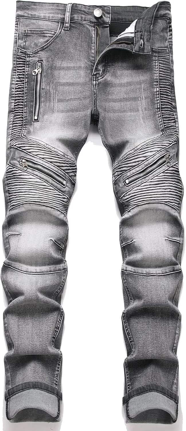 RXXKKK Men's Classic Zipper Biker Regular Fit Flex Jean