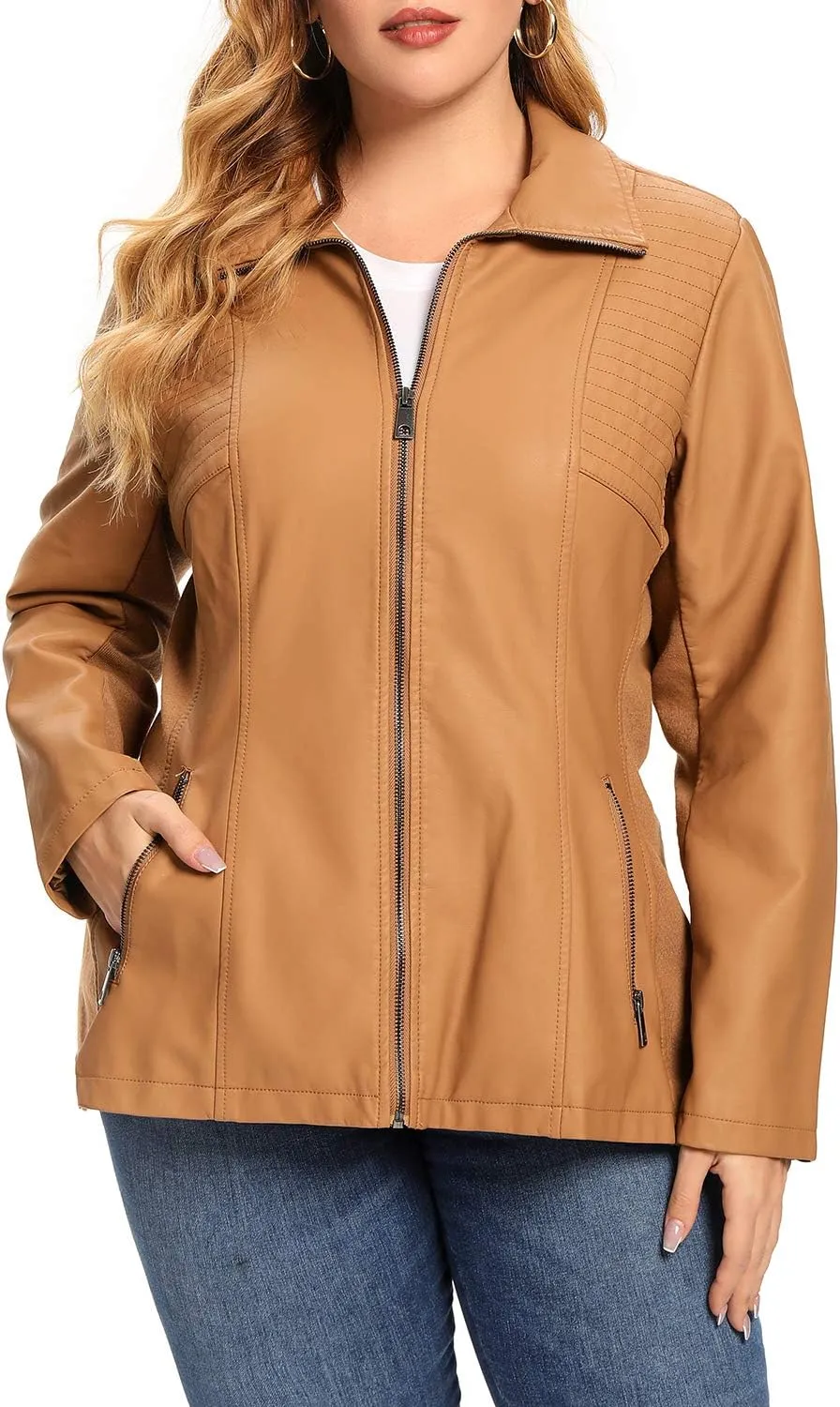 S P Y M Womens Faux Leather Jacket, Casual Fashion Quilted Zip Up Suede Coat With Elastic Rib