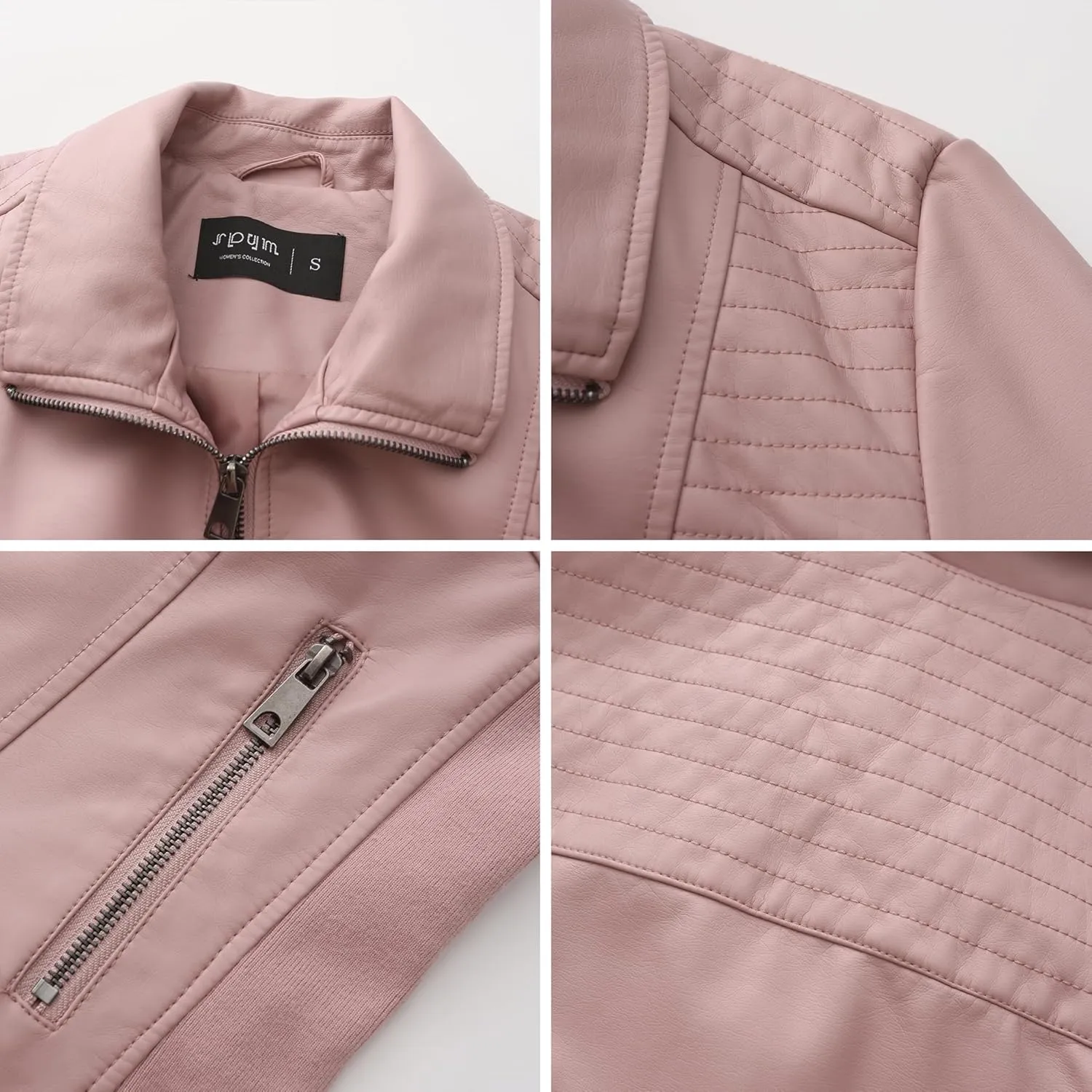 S P Y M Womens Faux Leather Jacket, Casual Fashion Quilted Zip Up Suede Coat With Elastic Rib