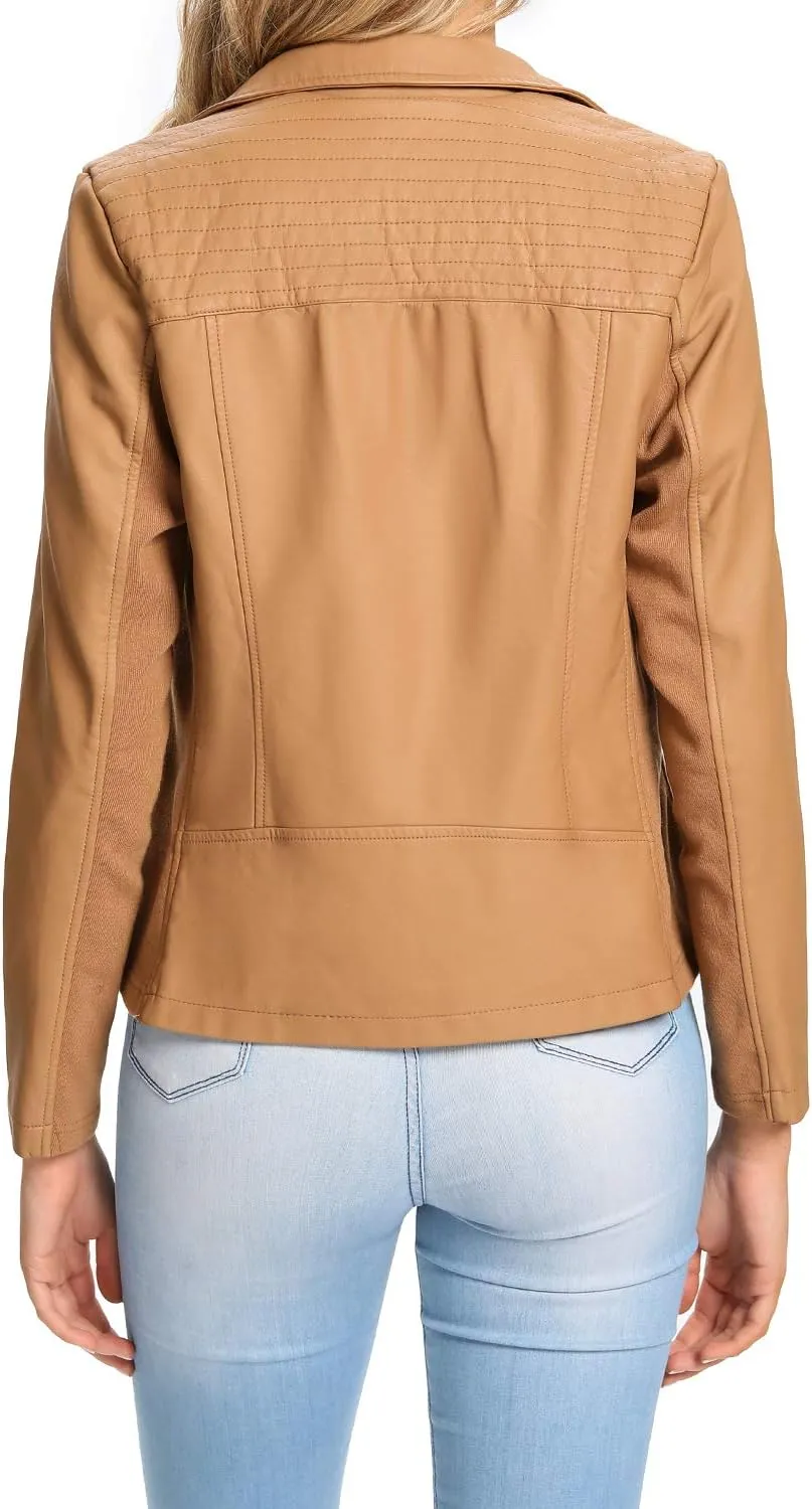 S P Y M Womens Faux Leather Jacket, Casual Fashion Quilted Zip Up Suede Coat With Elastic Rib