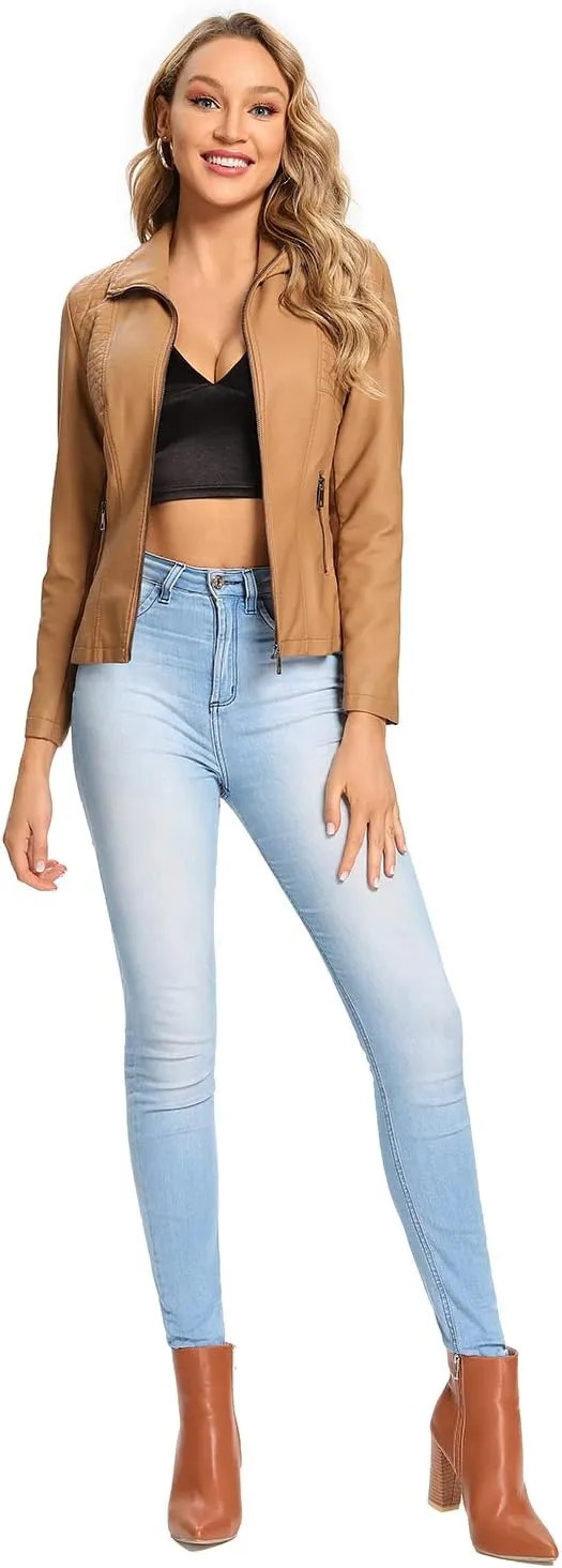 S P Y M Womens Faux Leather Jacket, Casual Fashion Quilted Zip Up Suede Coat With Elastic Rib