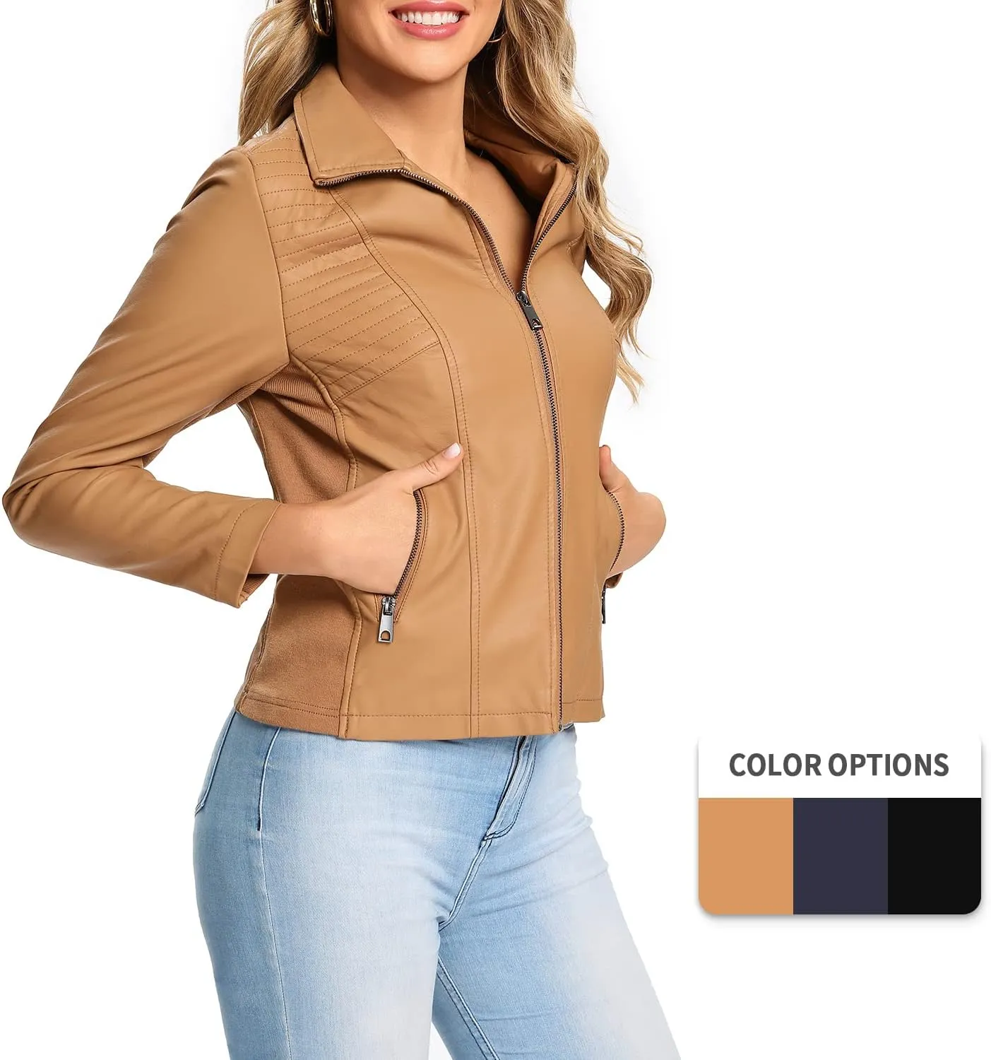S P Y M Womens Faux Leather Jacket, Casual Fashion Quilted Zip Up Suede Coat With Elastic Rib
