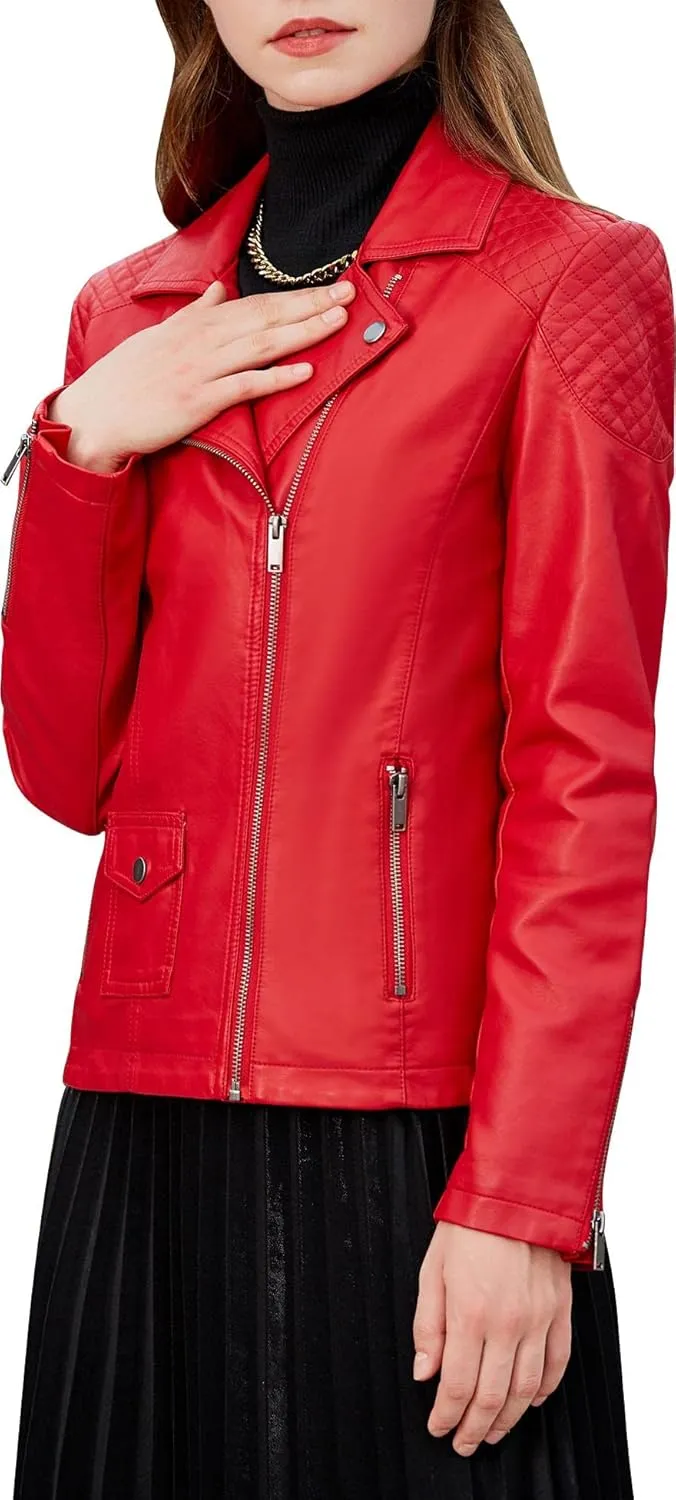 S P Y M Womens Faux Leather Jacket, Moto Biker Coat, Quilted Zip Up Outwear