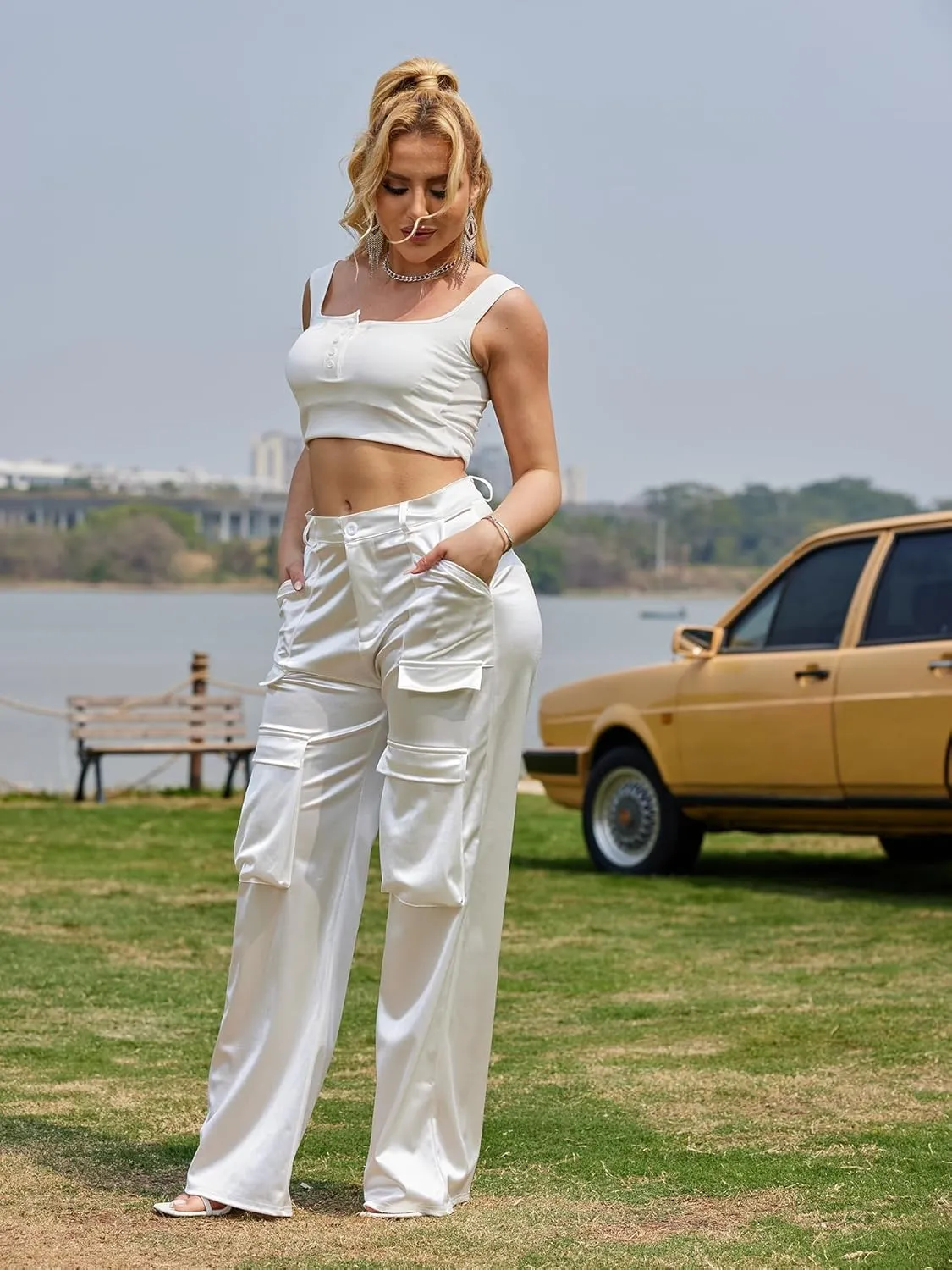 Satin Cargo Pants for Women High Waisted Wide Leg Silky Dressy Club Outfits with Pockets Casual Streetwear