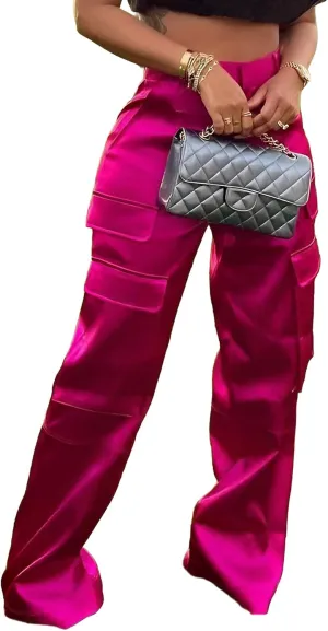 Satin Cargo Pants for Women High Waisted Wide Leg Silky Dressy Club Outfits with Pockets Casual Streetwear