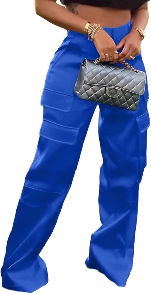 Satin Cargo Pants for Women High Waisted Wide Leg Silky Dressy Club Outfits with Pockets Casual Streetwear