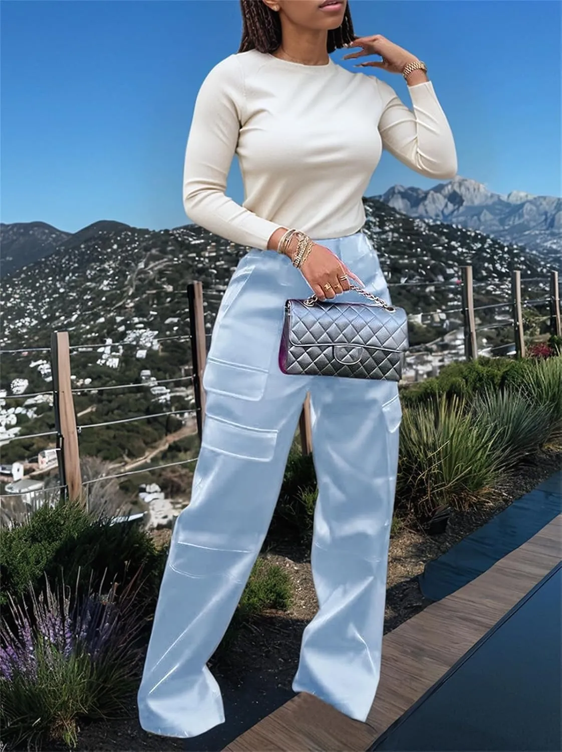 Satin Cargo Pants for Women High Waisted Wide Leg Silky Dressy Club Outfits with Pockets Casual Streetwear