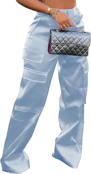 Satin Cargo Pants for Women High Waisted Wide Leg Silky Dressy Club Outfits with Pockets Casual Streetwear