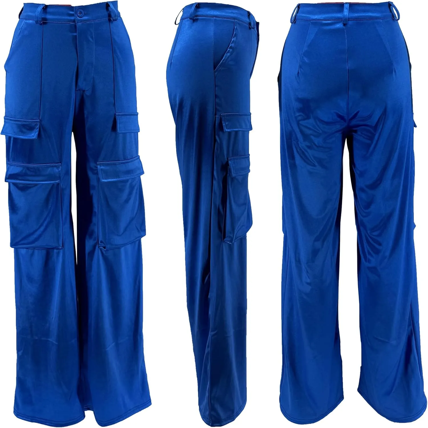Satin Cargo Pants for Women High Waisted Wide Leg Silky Dressy Club Outfits with Pockets Casual Streetwear