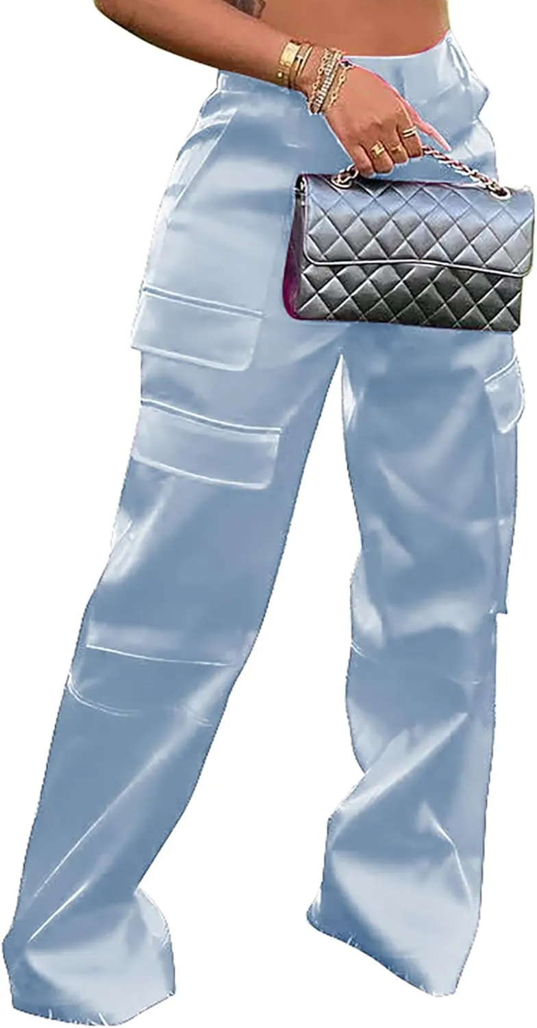 Satin Cargo Pants for Women High Waisted Wide Leg Silky Dressy Club Outfits with Pockets Casual Streetwear