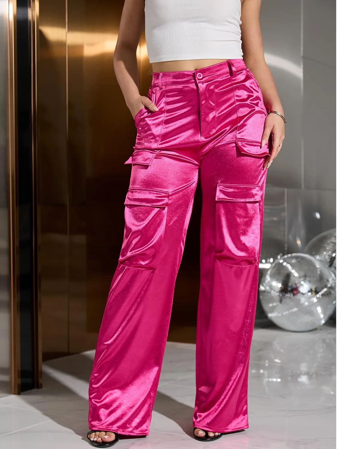 Satin Cargo Pants for Women High Waisted Wide Leg Silky Dressy Club Outfits with Pockets Casual Streetwear