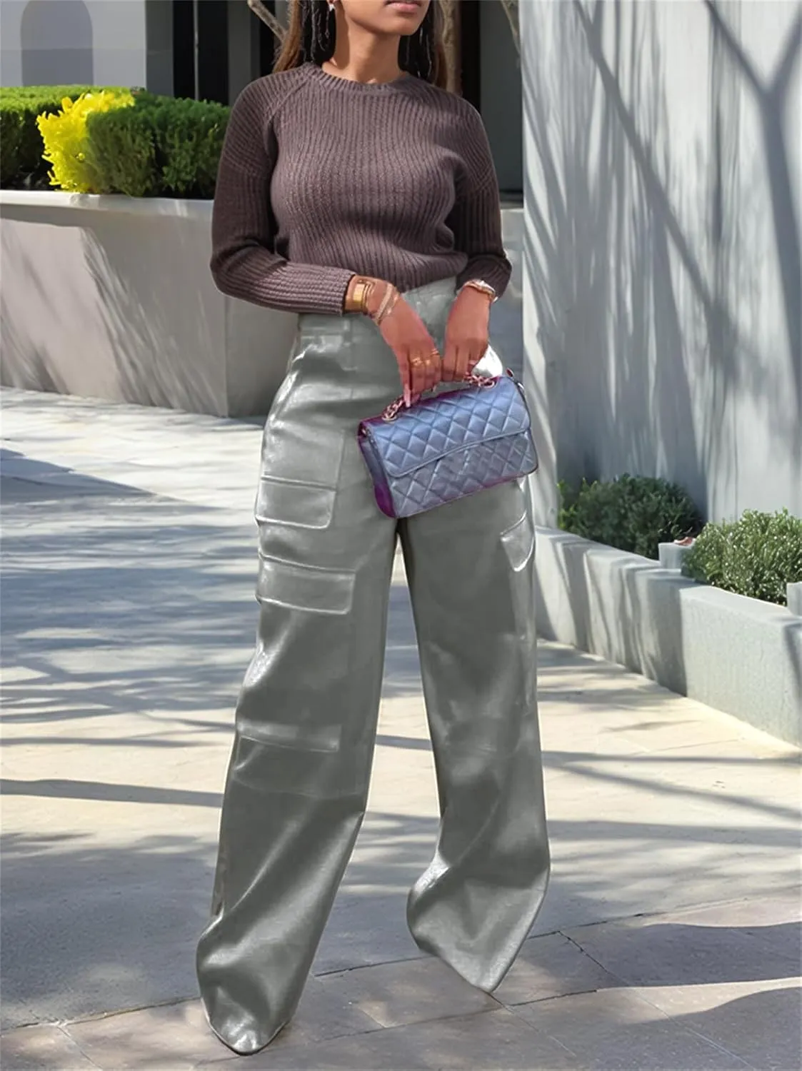 Satin Cargo Pants for Women High Waisted Wide Leg Silky Dressy Club Outfits with Pockets Casual Streetwear