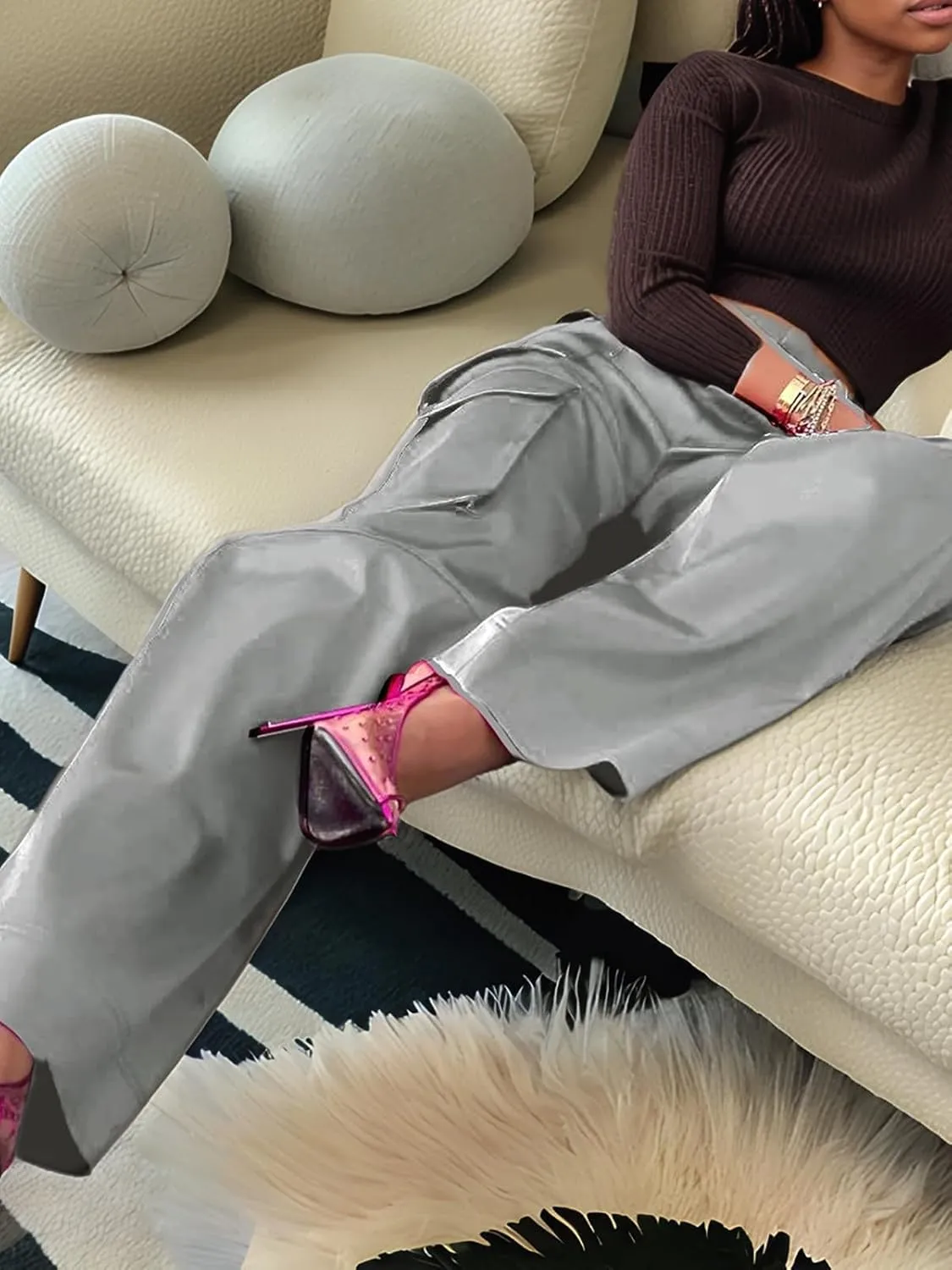Satin Cargo Pants for Women High Waisted Wide Leg Silky Dressy Club Outfits with Pockets Casual Streetwear