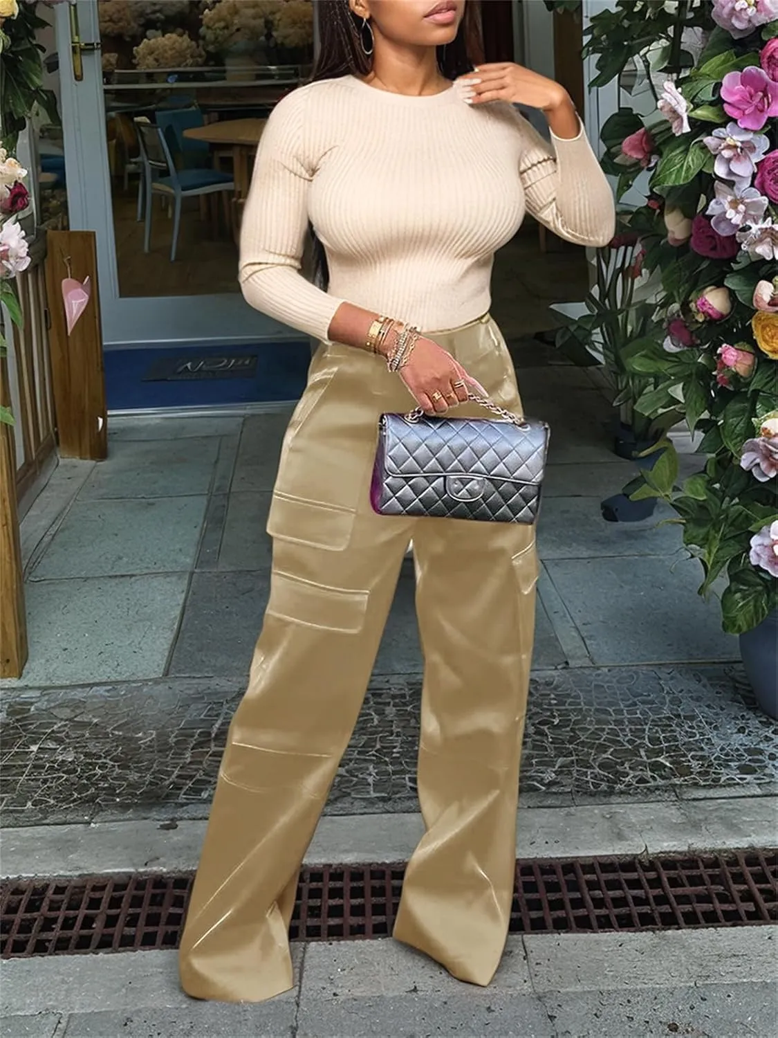 Satin Cargo Pants for Women High Waisted Wide Leg Silky Dressy Club Outfits with Pockets Casual Streetwear