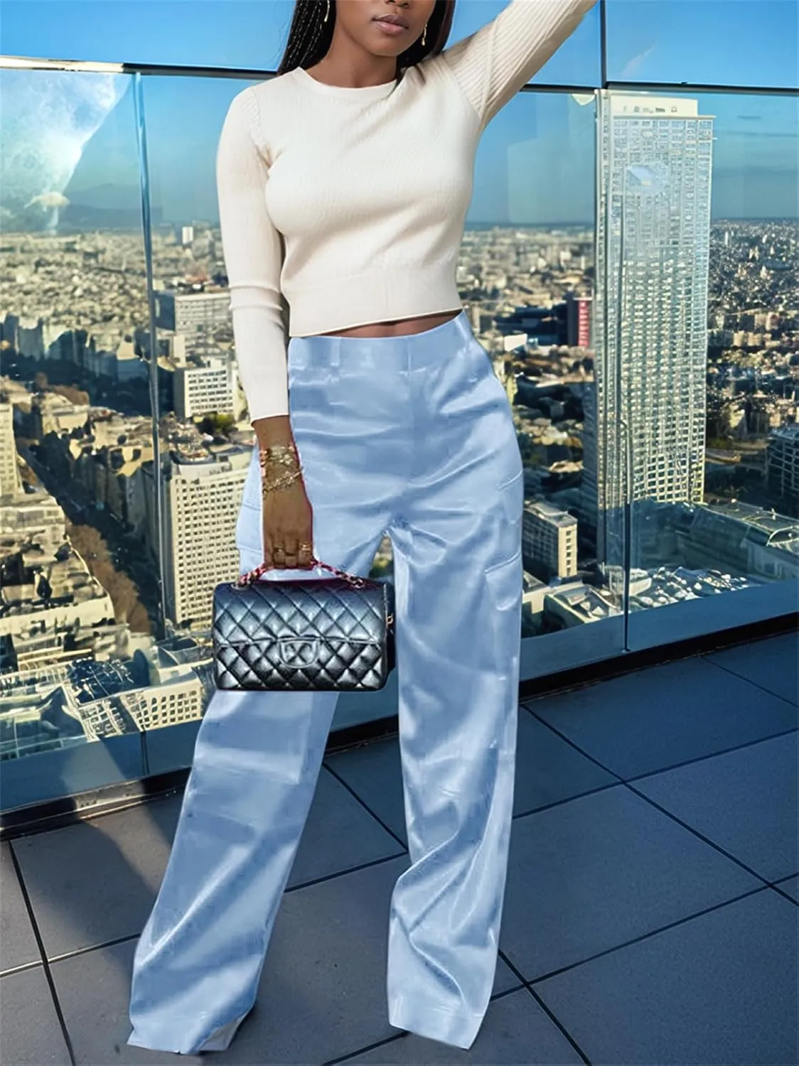 Satin Cargo Pants for Women High Waisted Wide Leg Silky Dressy Club Outfits with Pockets Casual Streetwear