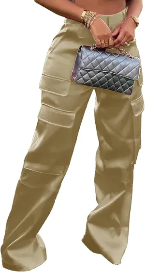 Satin Cargo Pants for Women High Waisted Wide Leg Silky Dressy Club Outfits with Pockets Casual Streetwear