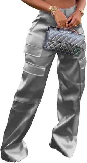 Satin Cargo Pants for Women High Waisted Wide Leg Silky Dressy Club Outfits with Pockets Casual Streetwear