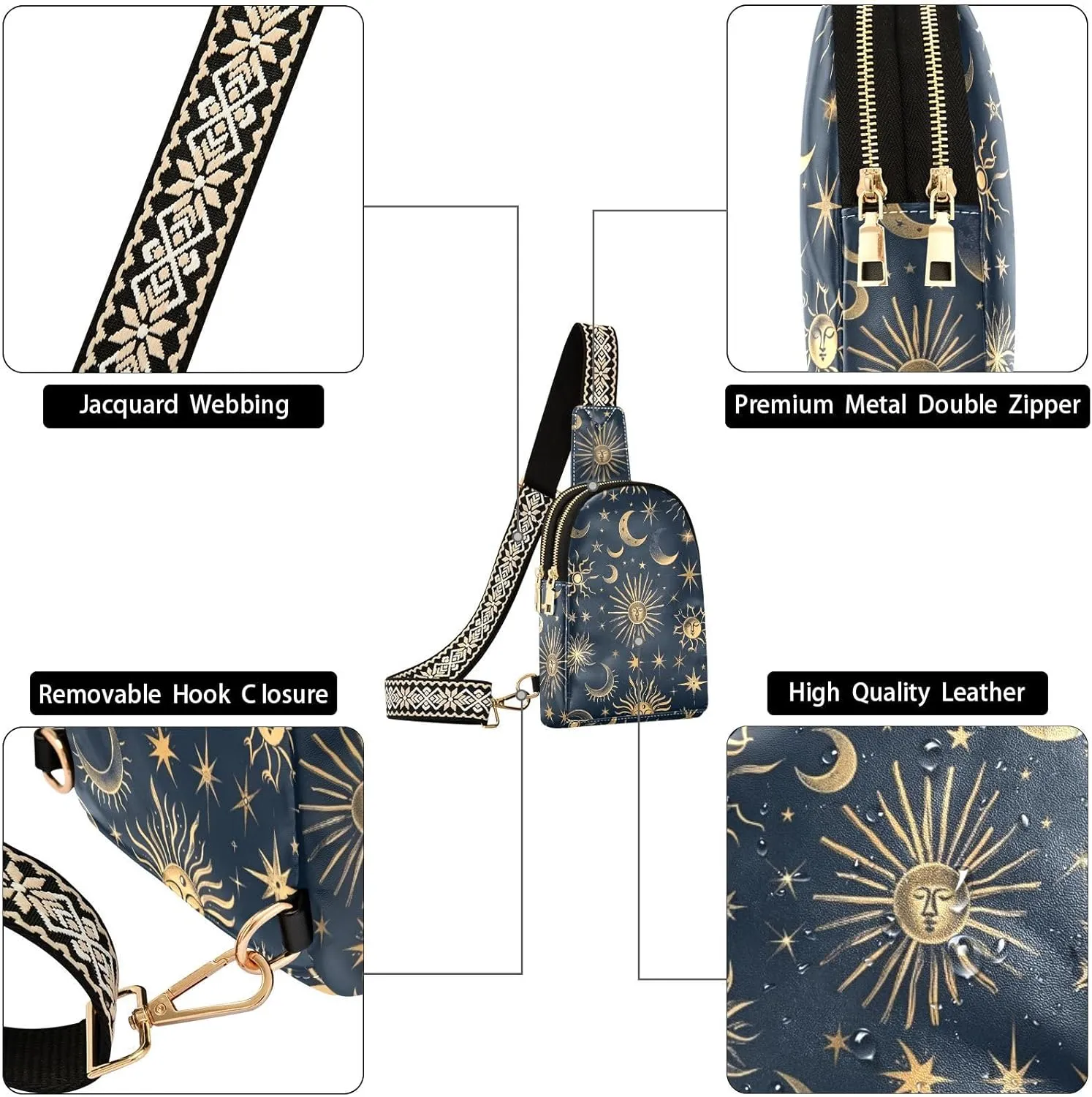 senya Boho Bag Small Sling Bag for Women Celestial Sun Moon Bohemian Leather Crossbody Chest Bag Waist Packs
