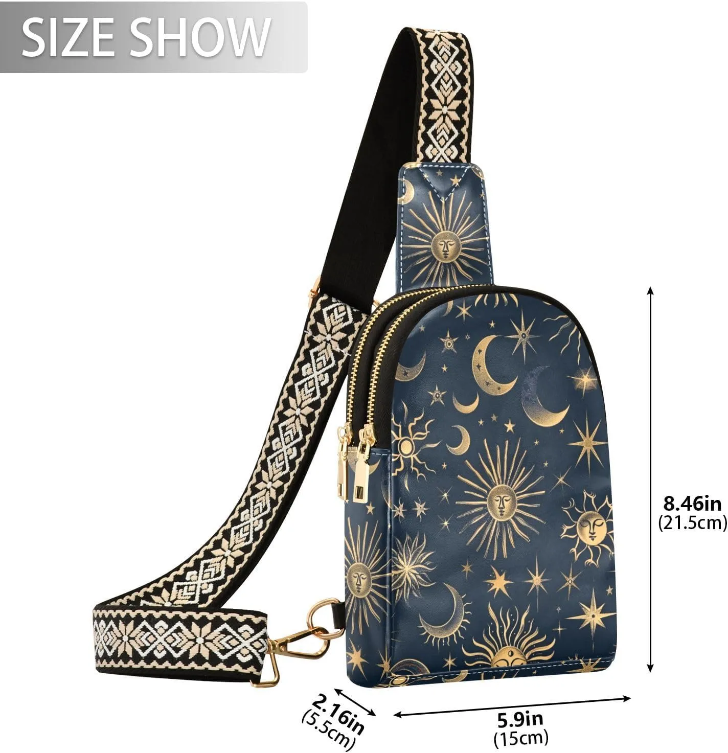 senya Boho Bag Small Sling Bag for Women Celestial Sun Moon Bohemian Leather Crossbody Chest Bag Waist Packs