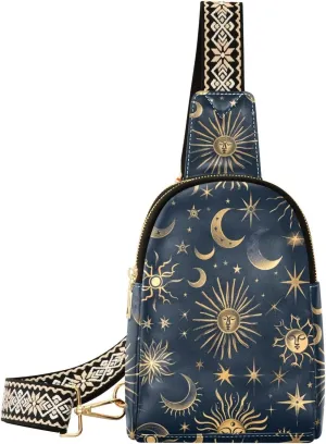 senya Boho Bag Small Sling Bag for Women Celestial Sun Moon Bohemian Leather Crossbody Chest Bag Waist Packs