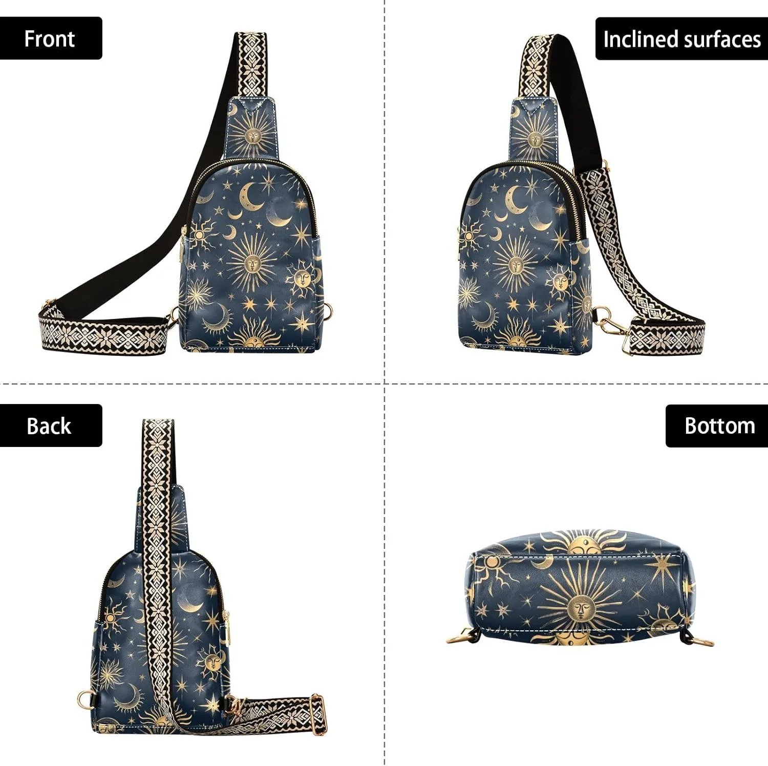 senya Boho Bag Small Sling Bag for Women Celestial Sun Moon Bohemian Leather Crossbody Chest Bag Waist Packs