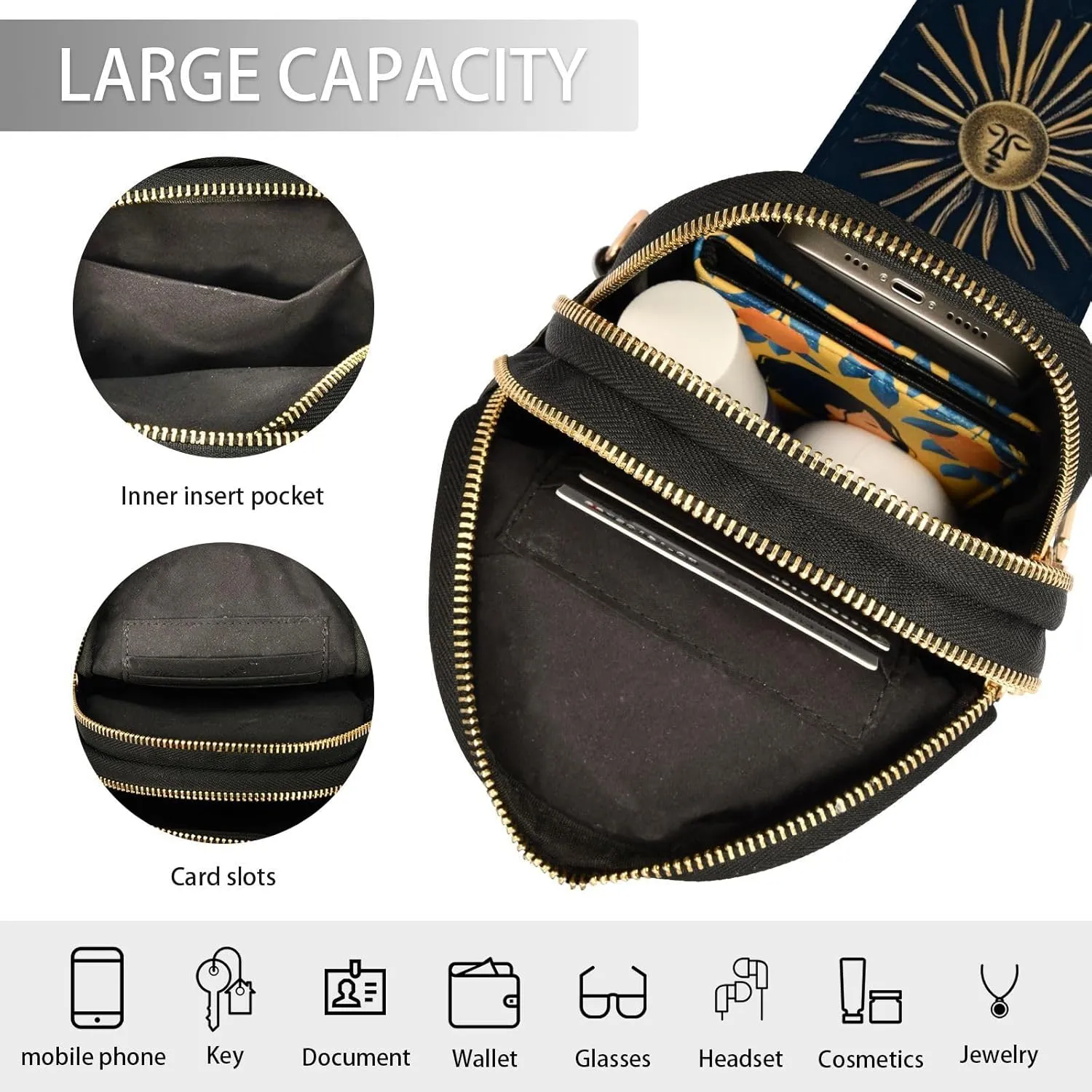senya Boho Bag Small Sling Bag for Women Celestial Sun Moon Bohemian Leather Crossbody Chest Bag Waist Packs