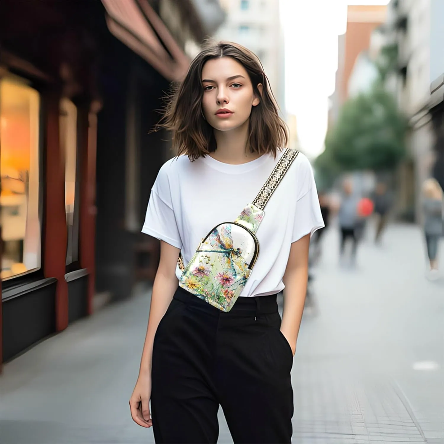senya Dragonfly Bag Small Sling Bag for Women Dragonfly Wildflowers Painting Leather Crossbody Chest Bag Waist Packs