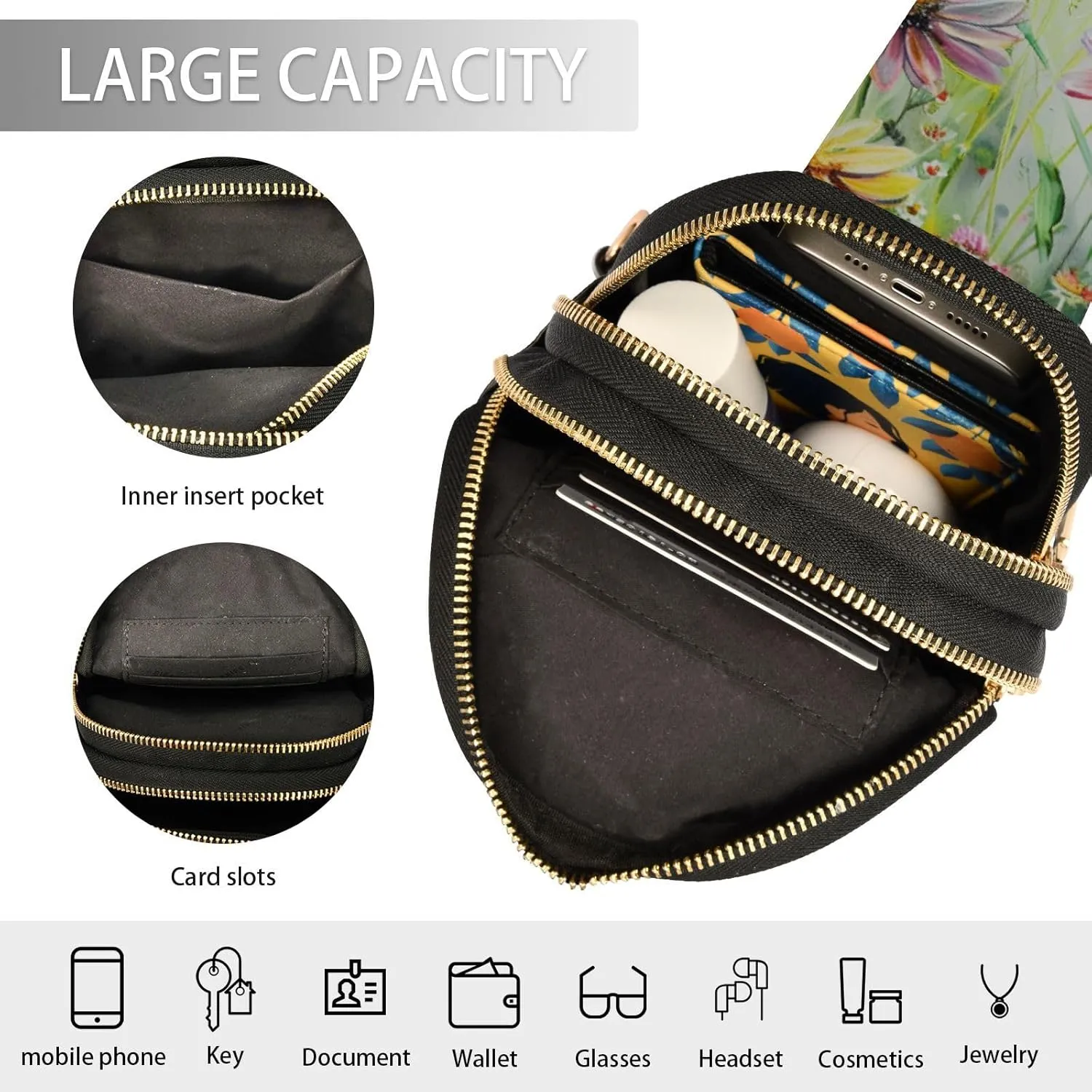 senya Dragonfly Bag Small Sling Bag for Women Dragonfly Wildflowers Painting Leather Crossbody Chest Bag Waist Packs