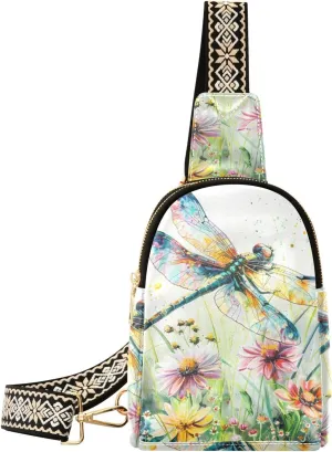 senya Dragonfly Bag Small Sling Bag for Women Dragonfly Wildflowers Painting Leather Crossbody Chest Bag Waist Packs
