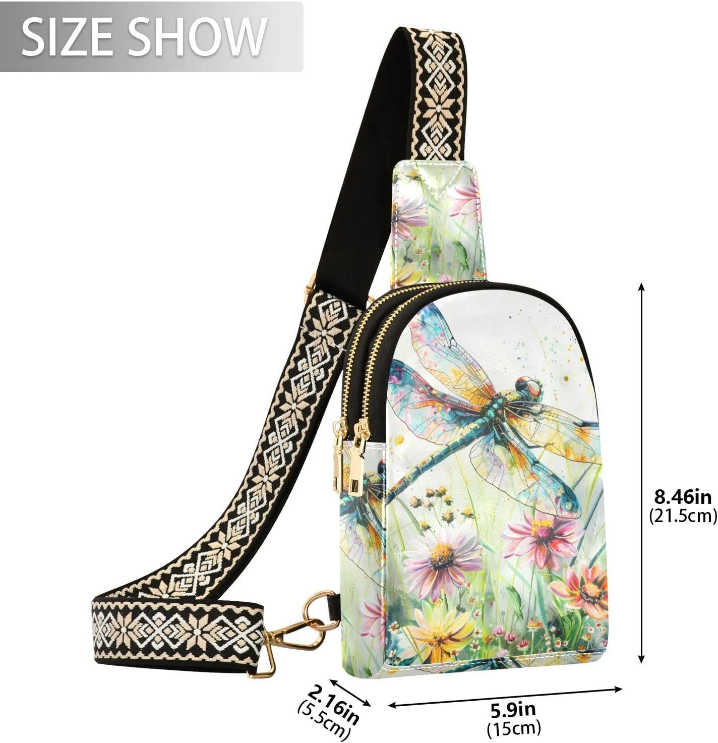 senya Dragonfly Bag Small Sling Bag for Women Dragonfly Wildflowers Painting Leather Crossbody Chest Bag Waist Packs