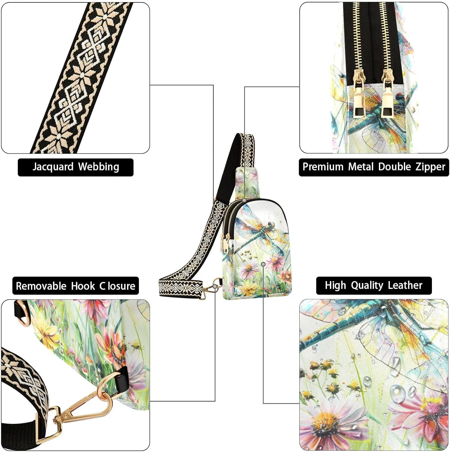 senya Dragonfly Bag Small Sling Bag for Women Dragonfly Wildflowers Painting Leather Crossbody Chest Bag Waist Packs