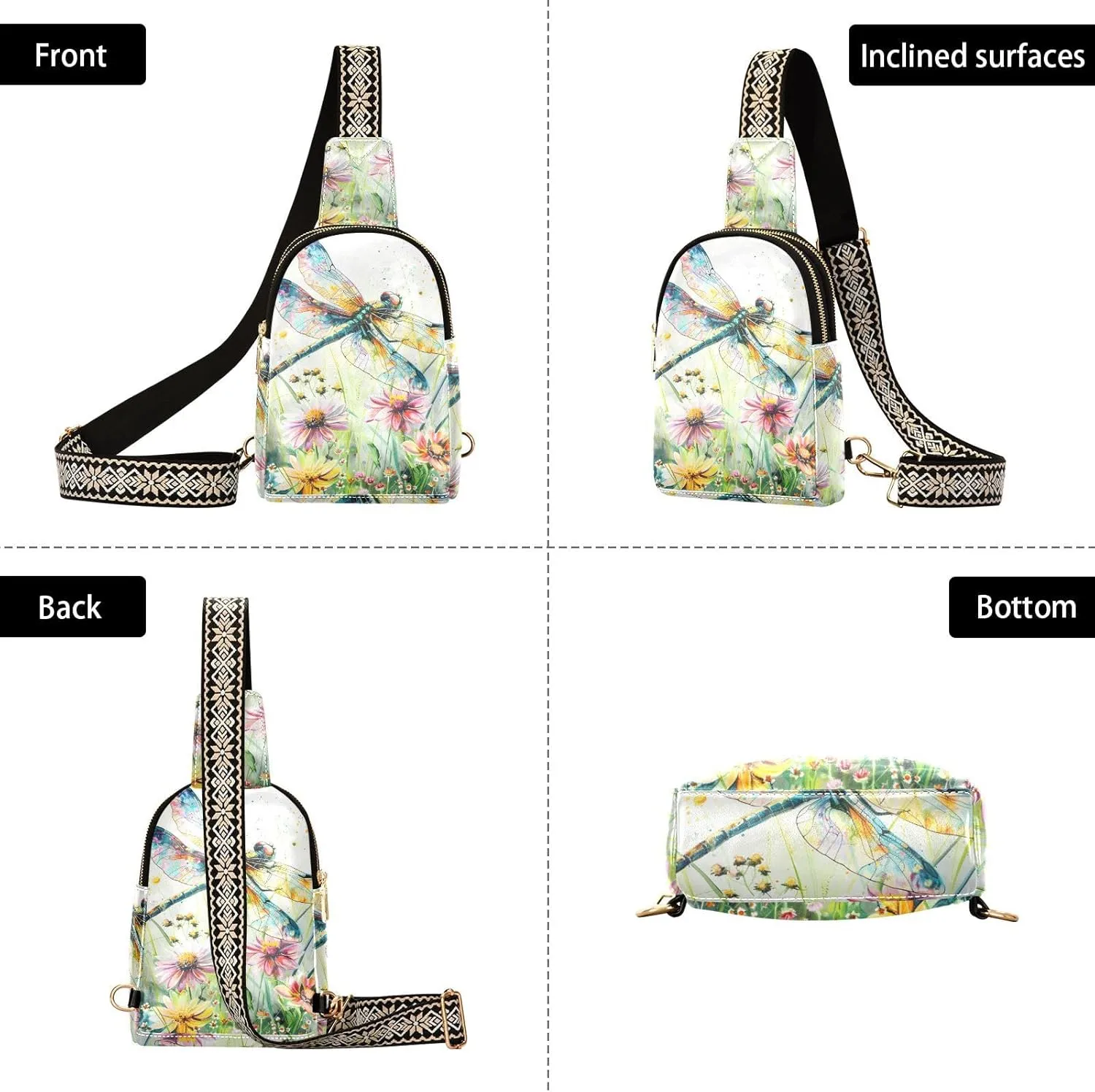 senya Dragonfly Bag Small Sling Bag for Women Dragonfly Wildflowers Painting Leather Crossbody Chest Bag Waist Packs