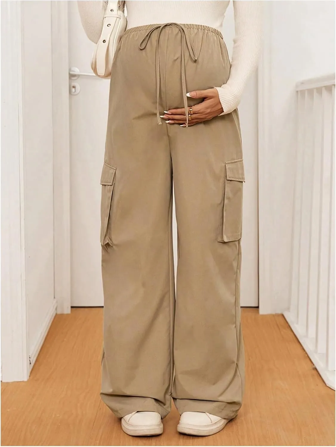 SHENHE Women's Maternity Cargo Pants High Waist Wide Leg Loose Pregnancy Trousers