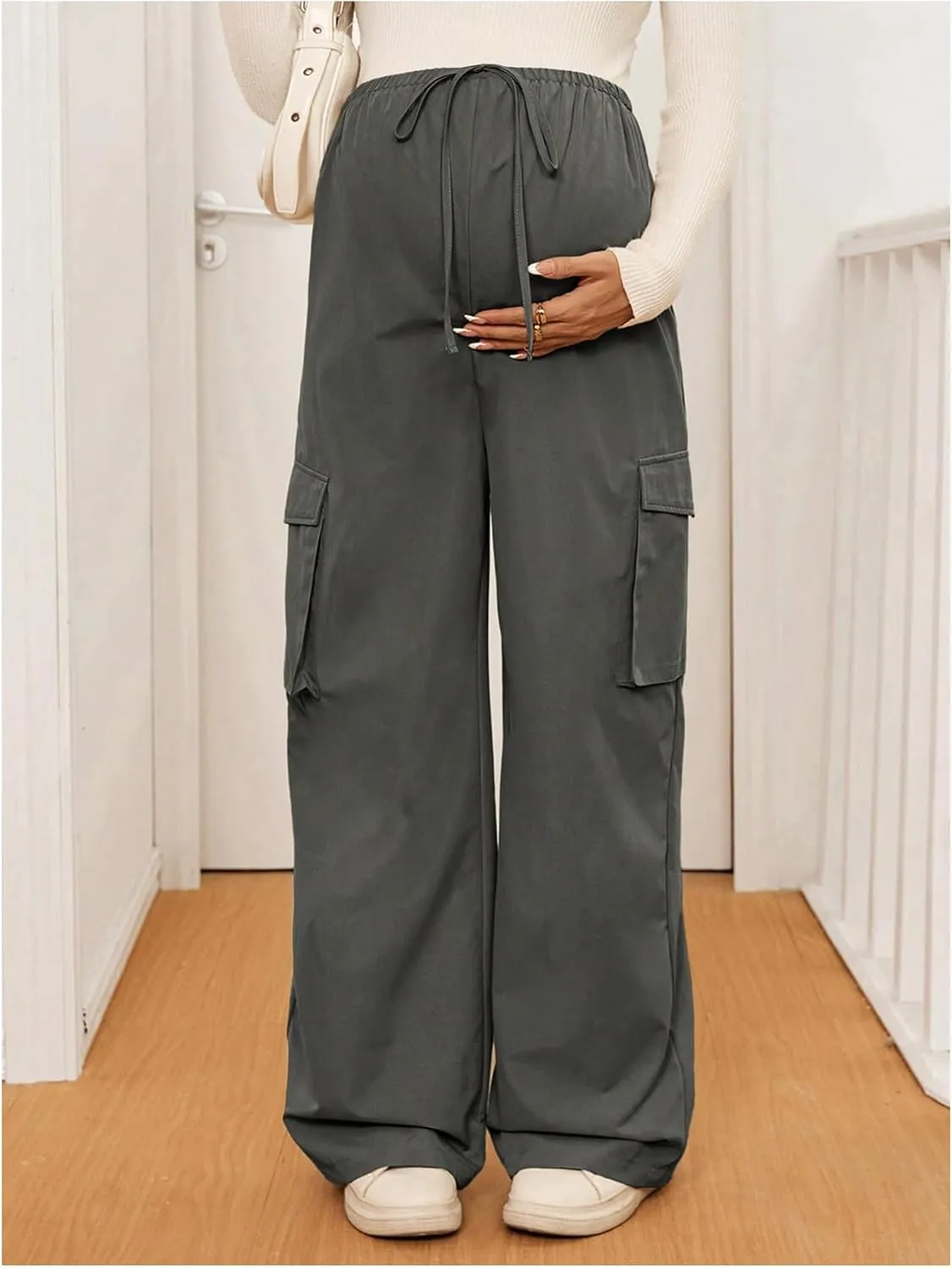 SHENHE Women's Maternity Cargo Pants High Waist Wide Leg Loose Pregnancy Trousers