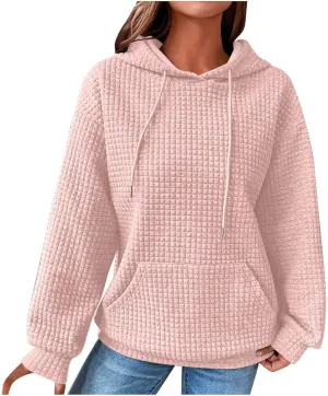 SHOPESSA Women Pullover Hoodie Sweatshirt Waffle-Knit Shacket Hooded Loose Fit Lightweight Jacket Long Sleeve Boyfriend Shirt