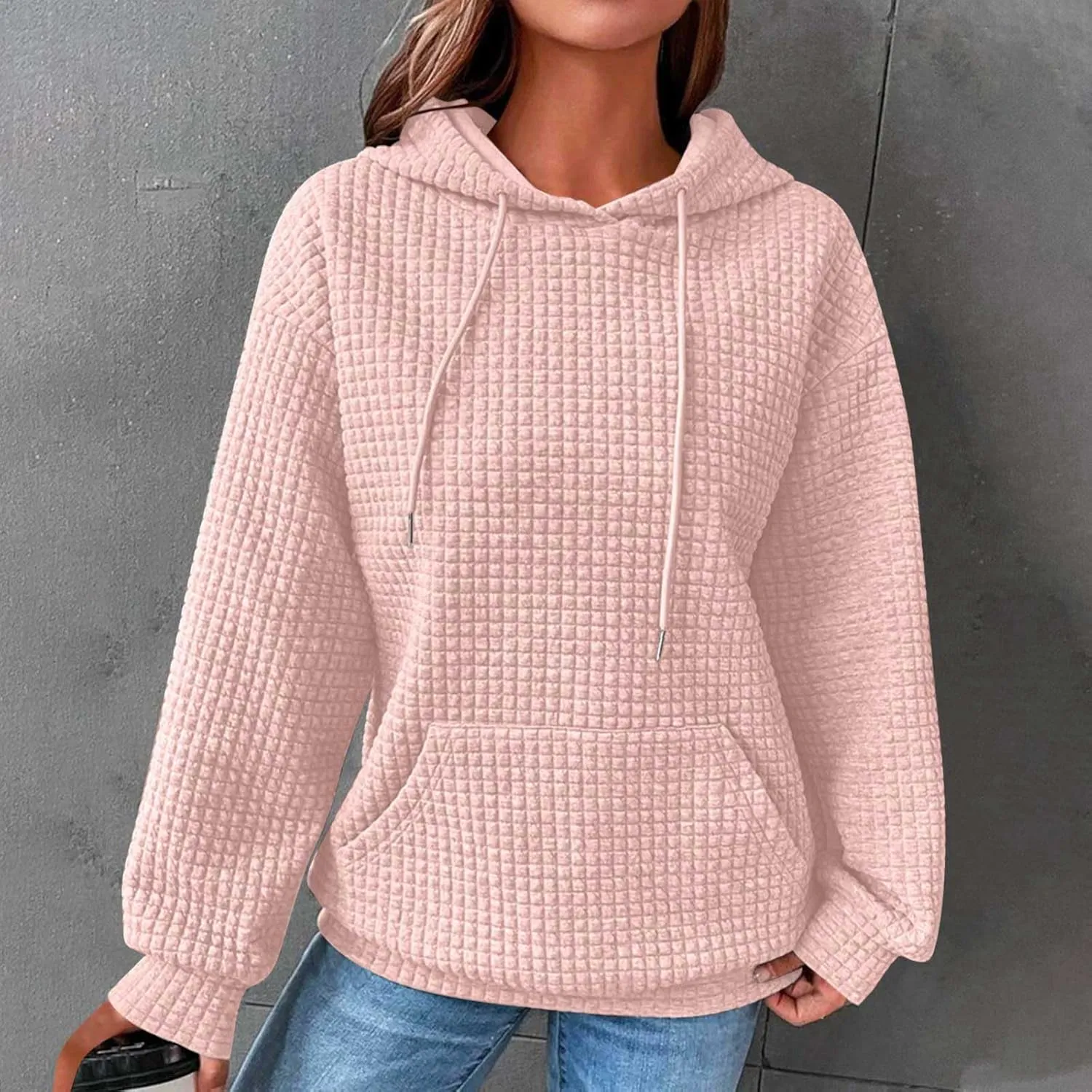 SHOPESSA Women Pullover Hoodie Sweatshirt Waffle-Knit Shacket Hooded Loose Fit Lightweight Jacket Long Sleeve Boyfriend Shirt