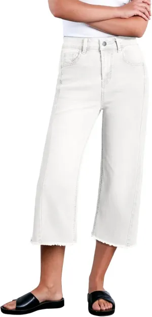Sidefeel Women's Capri Jeans High Waisted Wide Leg Stretchy Raw Hem Side Seam Zimbaplatinum Denim Pants