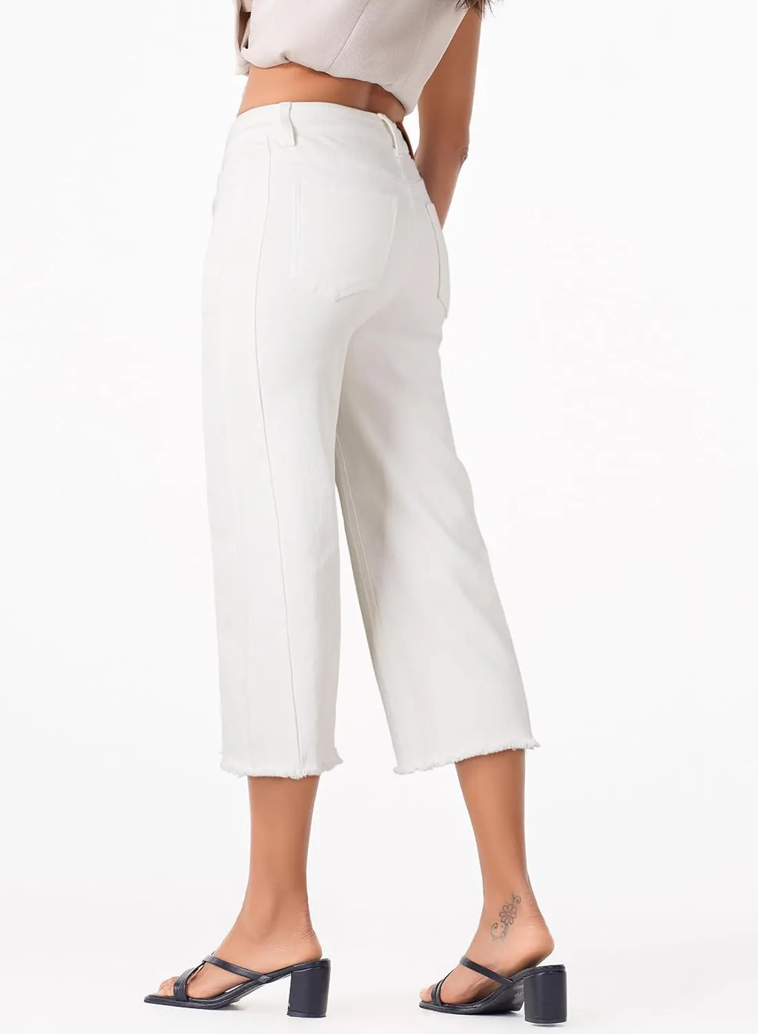 Sidefeel Women's Capri Jeans High Waisted Wide Leg Stretchy Raw Hem Side Seam Zimbaplatinum Denim Pants