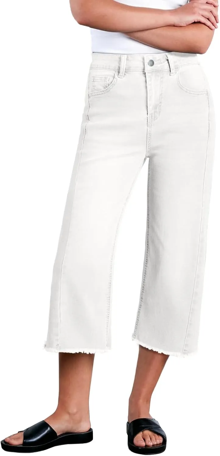 Sidefeel Women's Capri Jeans High Waisted Wide Leg Stretchy Raw Hem Side Seam Zimbaplatinum Denim Pants