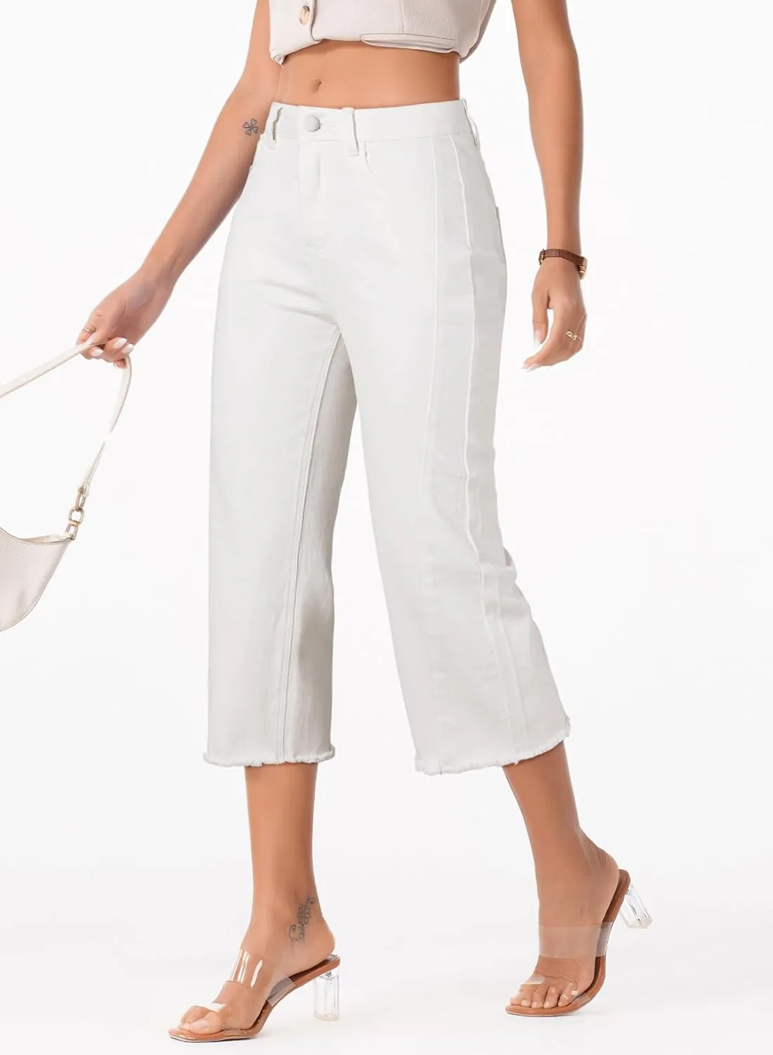 Sidefeel Women's Capri Jeans High Waisted Wide Leg Stretchy Raw Hem Side Seam Zimbaplatinum Denim Pants