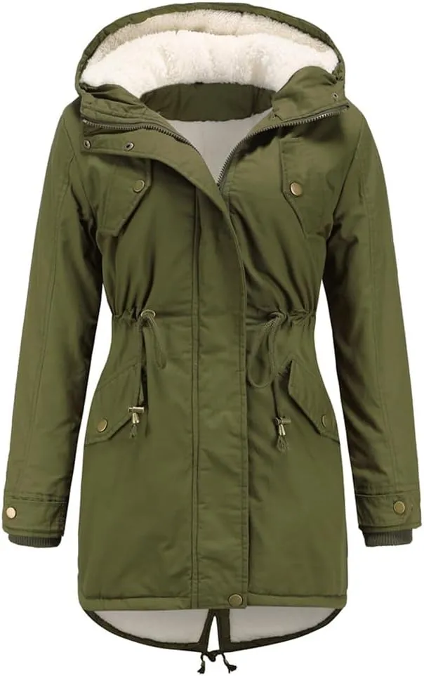 Sister Amy Women Trench Coat Fleece-Lined Mid-length Jacket with Detachable Collar