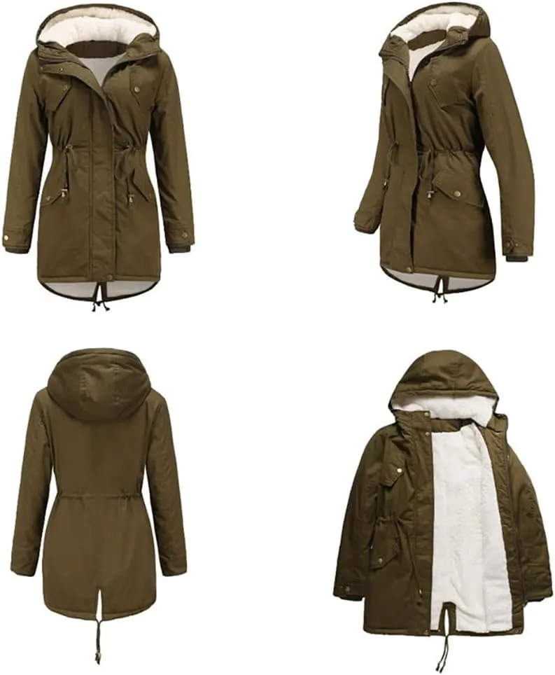 Sister Amy Women Trench Coat Fleece-Lined Mid-length Jacket with Detachable Collar