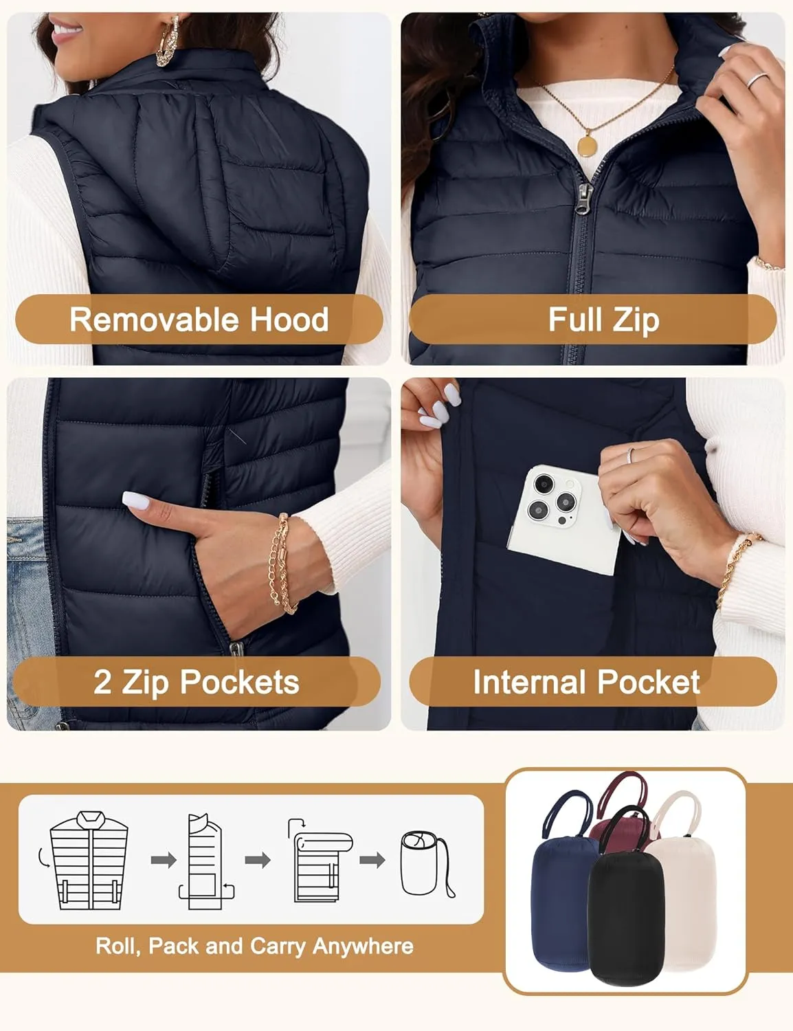 SLOW DOWN Womens Lightweight Puffer Vest, Womens Winter Packable Vest, Womens Puffy Vest with Removable Hood and Zip Pockets