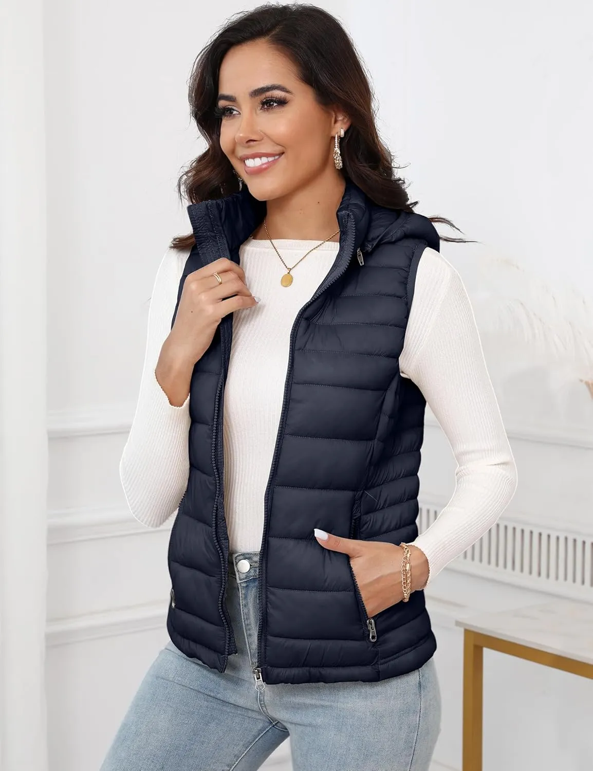 SLOW DOWN Womens Lightweight Puffer Vest, Womens Winter Packable Vest, Womens Puffy Vest with Removable Hood and Zip Pockets