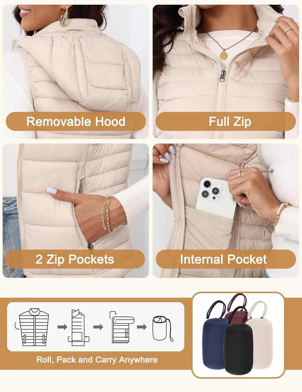 SLOW DOWN Womens Lightweight Puffer Vest, Womens Winter Packable Vest, Womens Puffy Vest with Removable Hood and Zip Pockets
