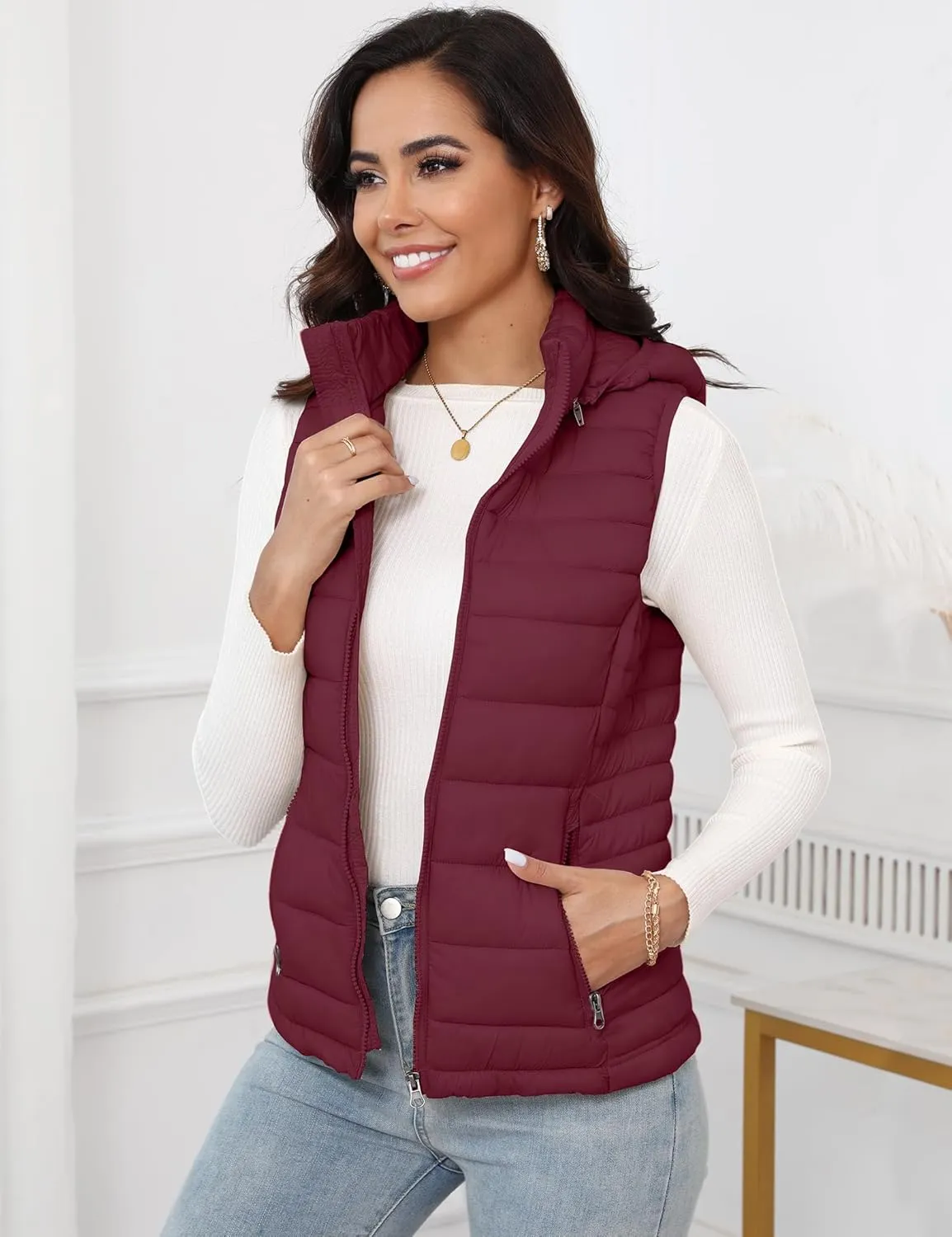 SLOW DOWN Womens Lightweight Puffer Vest, Womens Winter Packable Vest, Womens Puffy Vest with Removable Hood and Zip Pockets