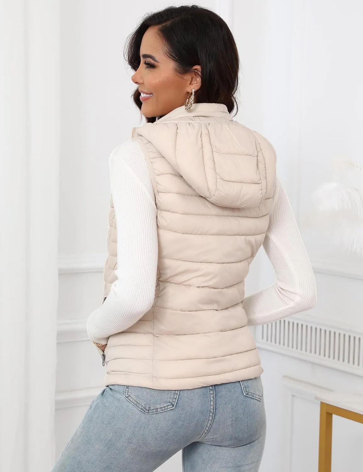 SLOW DOWN Womens Lightweight Puffer Vest, Womens Winter Packable Vest, Womens Puffy Vest with Removable Hood and Zip Pockets